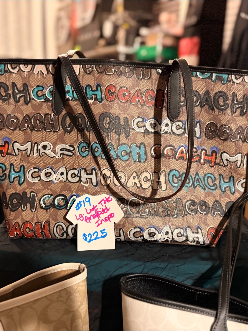 Coach Multicolor Logo Canvas Tote with Black Leather Trim